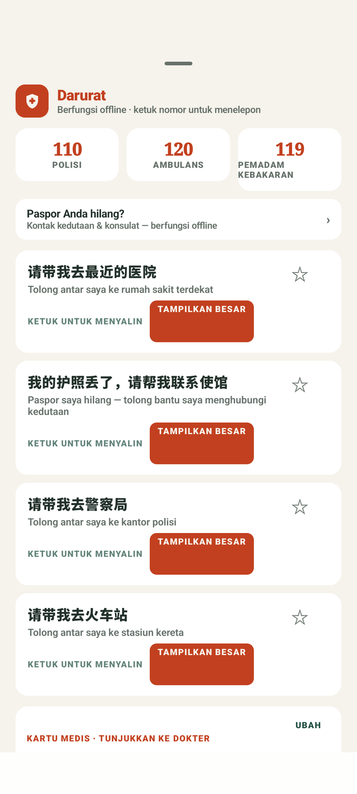 Bantuan darurat, frasa, hotel, dan kartu medis